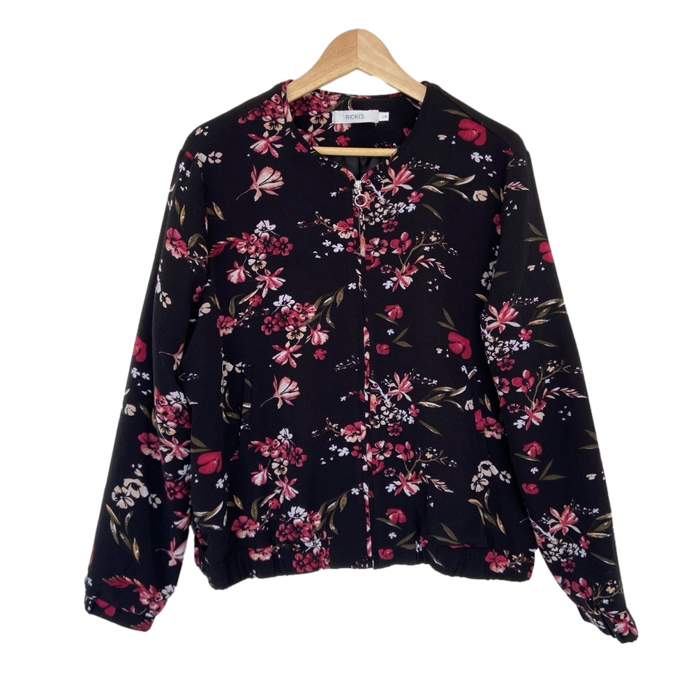 RICKIS BLACK AND PINK LIGHT BOMBER STYLE ZIP UP JACKET WITH ELASTICATED WAIST, L - Picture 1 of 9